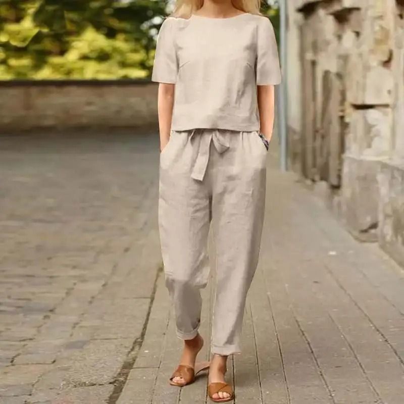 Womens Cotton Linen Matching Suit Lightweight Wide Leg Pants and Tie Waist Top