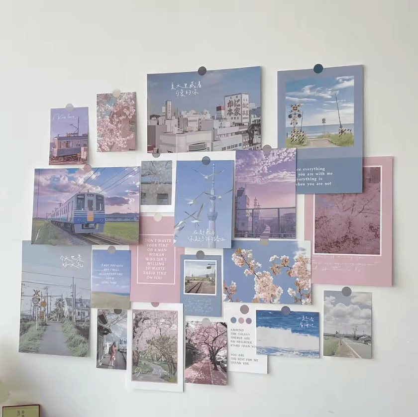 Nordic Retro Photo Card Wall Decor Set – Aesthetic DIY Postcard Stickers for Bedroom & Dorm