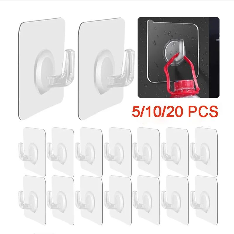 Transparent Self-Adhesive Heavy Duty Wall Hooks 5/10/20-Pack Multi-Use Organizer