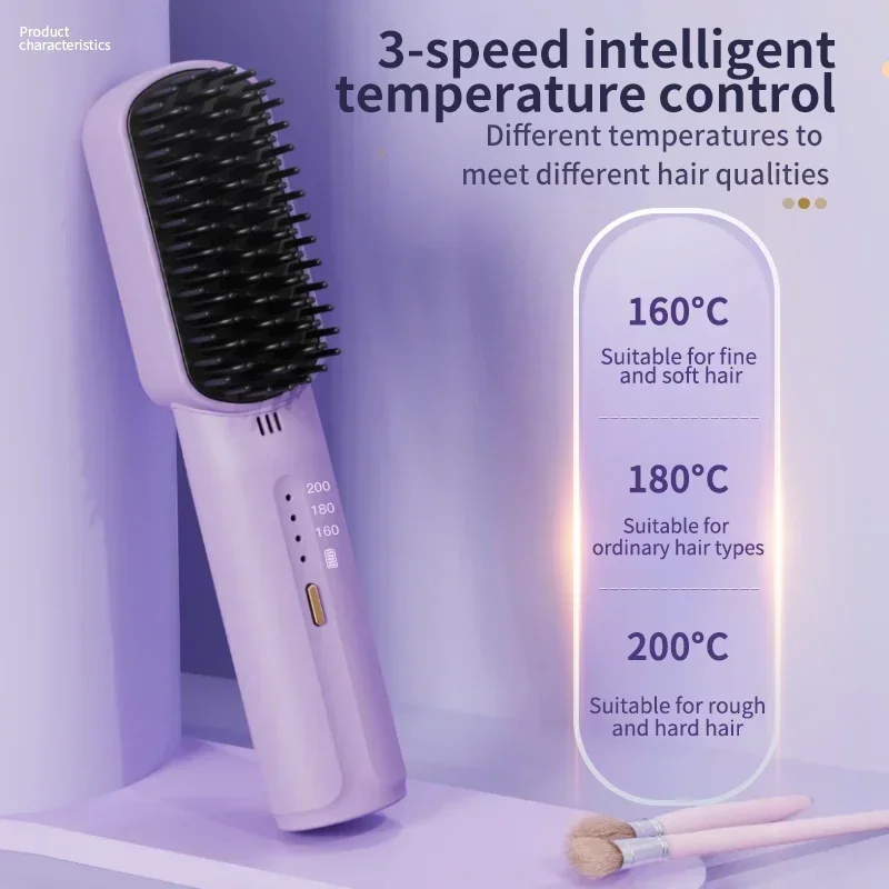 Wireless Hair Straightener, Negative Ion Hair Comb Heating Curling Brush, Rechargeable Electric Hair Care, Anti-scalding