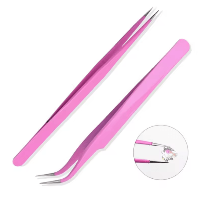 Pink Stainless Steel Tweezers Set Straight and Curved Precision Tools 2 Piece