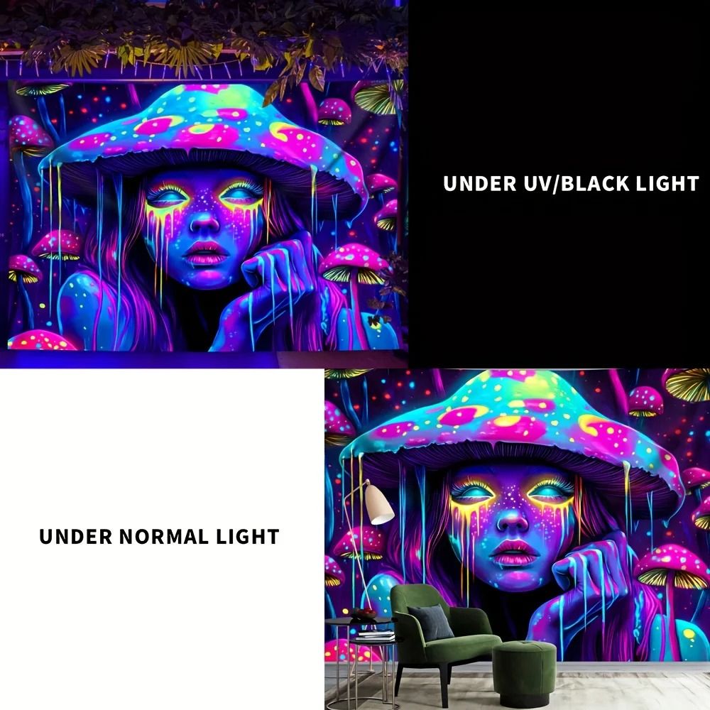 Psychedelic Mushroom Girl Tapestry UV Reactive Blacklight Wall Hanging Decor