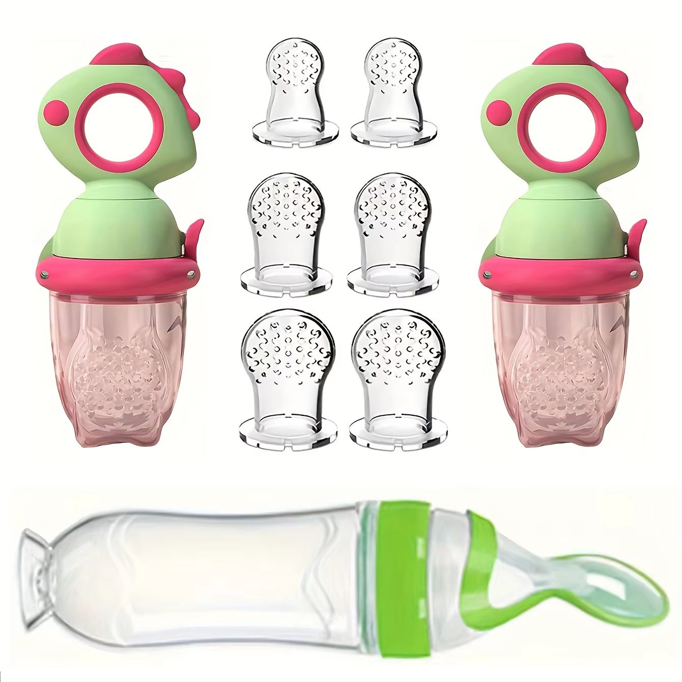 9-Piece Silicone Baby Feeding Set with Dinosaur Rotating Fruit Feeder, Squeeze Bottle and S/M/L Silicone Bags