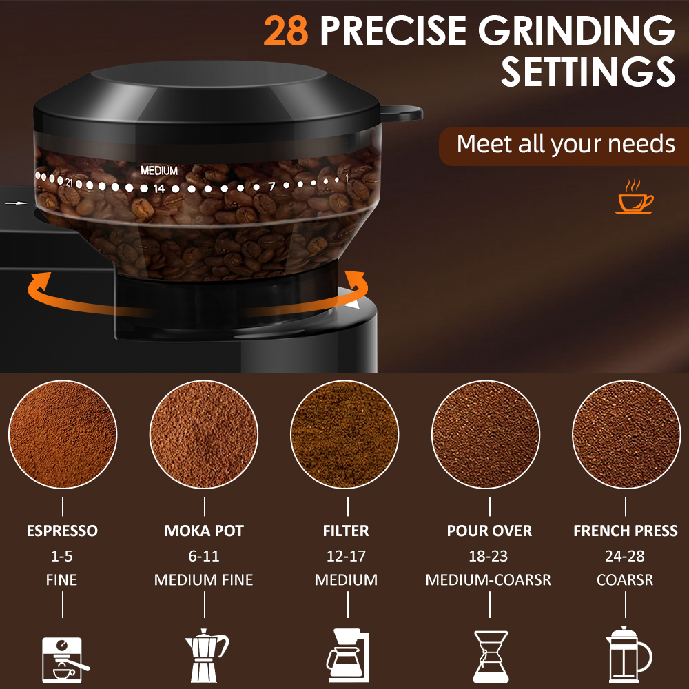 Electric Automatic Burr Mill Coffee Grinder with Adjustable Grind Settings, Precision Coffee Bean Grinding for Espresso