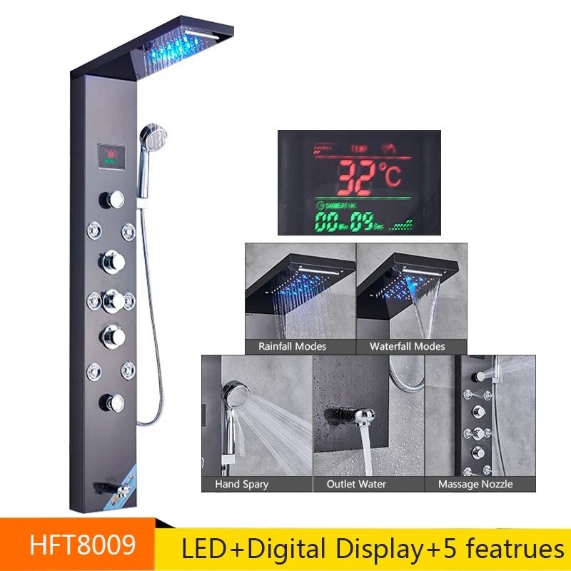 LED Rainfall Shower Panel with Digital Display and Massage Jets