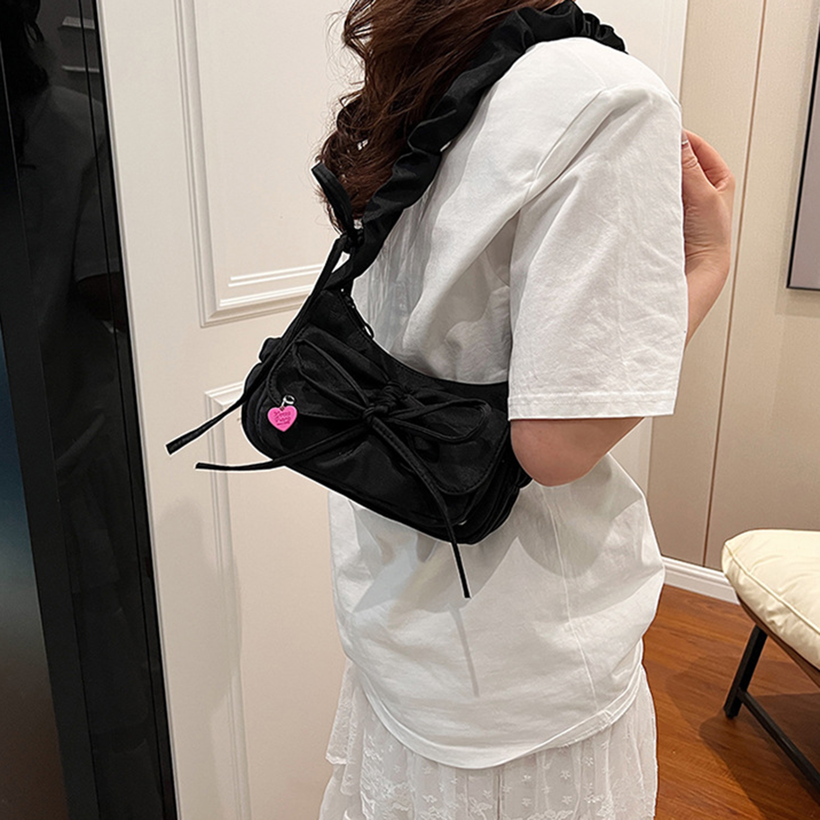 Black Bow Casual Shoulder Bag for Women Stylish Korean Washed Denim Summer Handbag Perfect Gift Idea