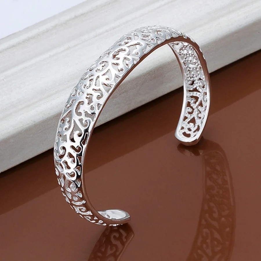 Exquisite 925 Sterling Silver Open Bangle Bracelet: Retro Charm Fashion Jewelry for Women, Girls, and Ladies – Perfect C
