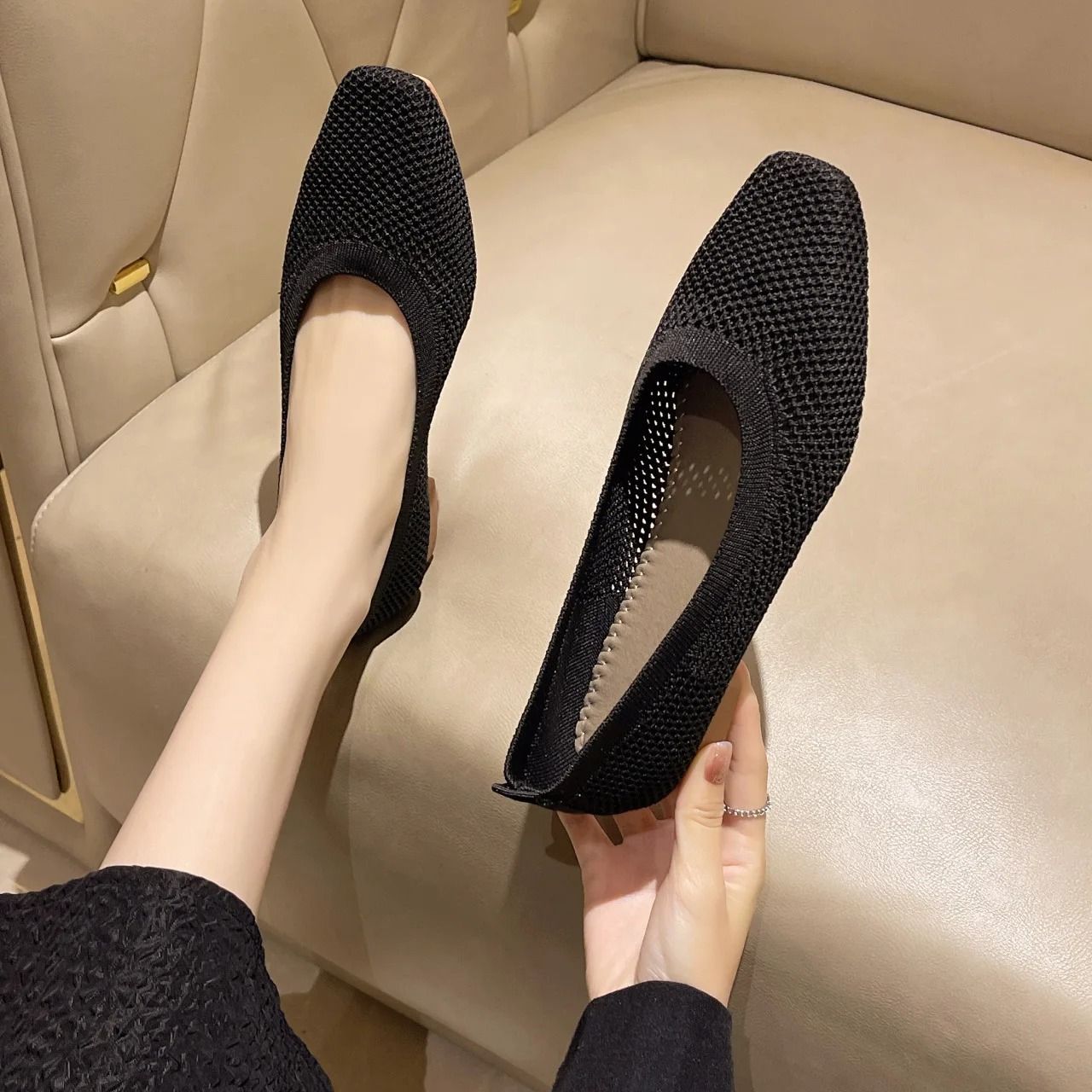 Breathable Mesh Fashion Flats Women Spring Summer Square Toe Slip on Loafers Walking Shoes