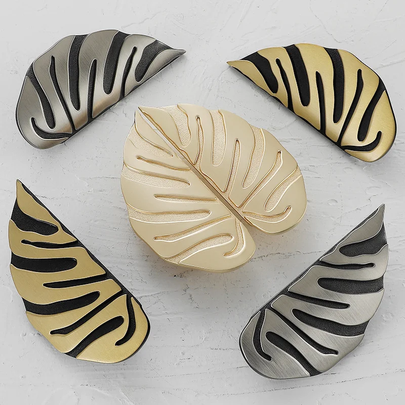 Luxury Leaf Cabinet Handles Black Gold Zinc Alloy Drawer Knobs