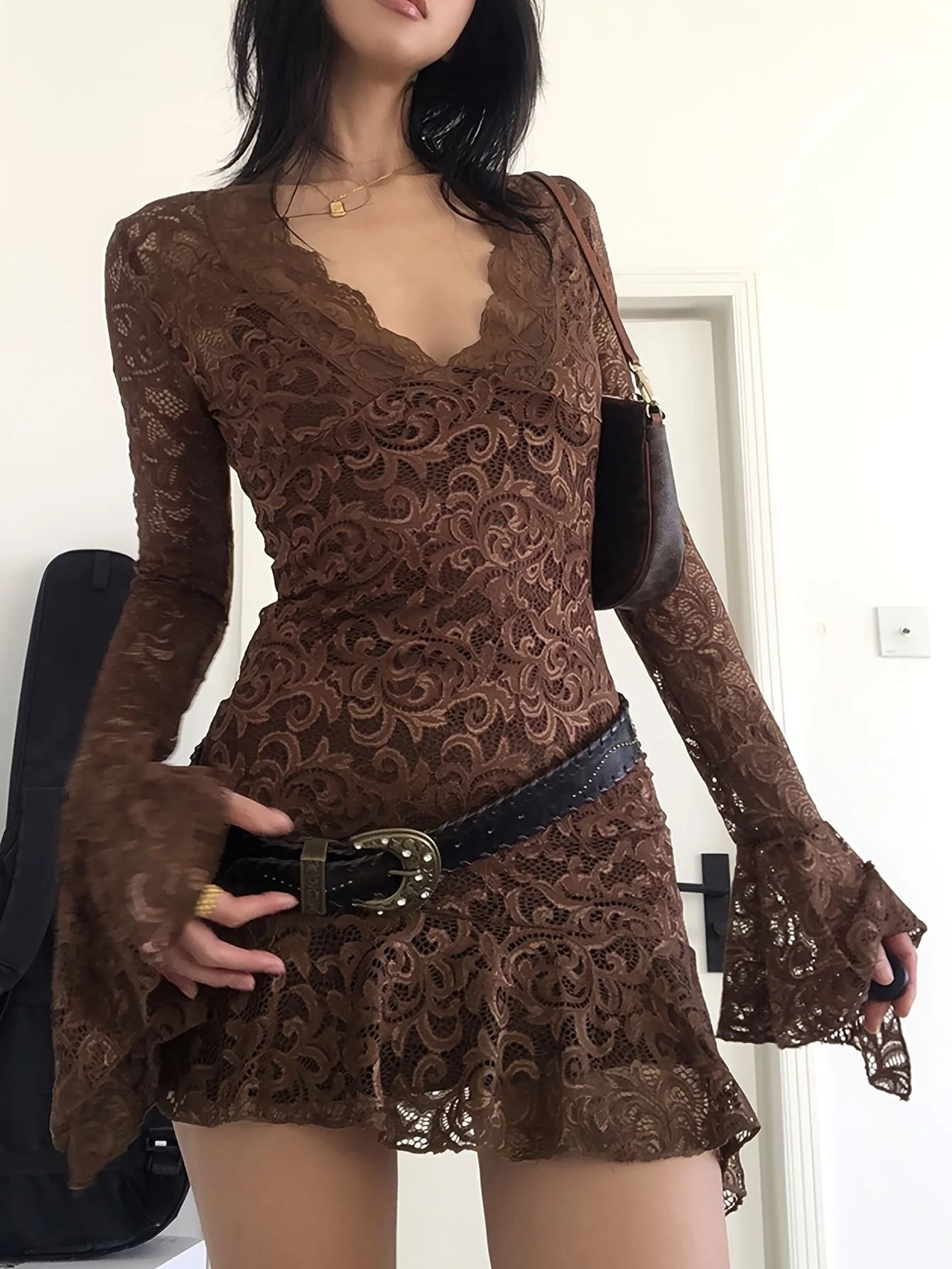 Summer Y2K Sheer Mesh Lace Bodycon Dress Flared Long Sleeve V-Neck Mini Party Club Evening Dress