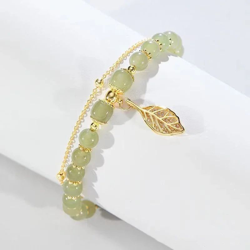 Chinese Style Green Jade Gold Leaf Double Chain Bracelet
