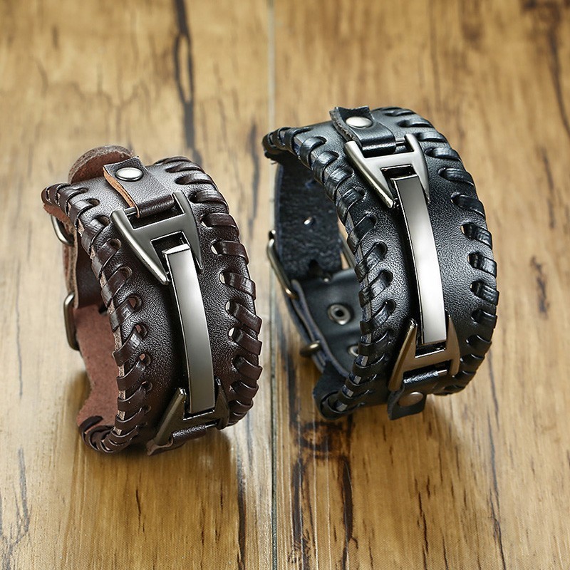 Men Vnox Wide Leather Wristband, Genuine Leather Punk Bangle with Metal Charm, Adjustable Fashion Cuff Bracelet Gift