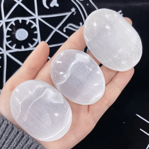Natural Selenite Palm Stone – Polished Oval Crystal for Meditation, Energy Cleansing & Home Decor