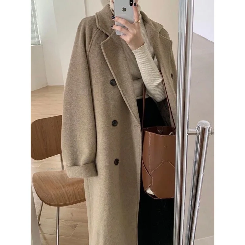 Women's Woolen Coat, Hepburn Style, Mid Length, Loose Fit, Thickened Autumn Winter Coat