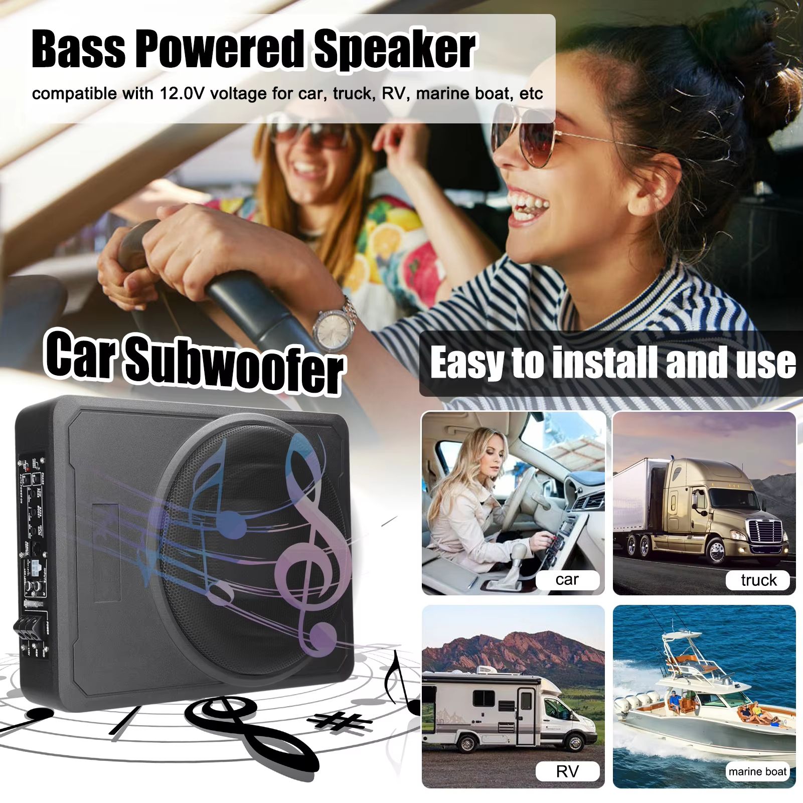 800W Under-Seat Active Subwoofer Bass Box - Slim Amplifier Subwoofer for Car, Truck & Boat Audio