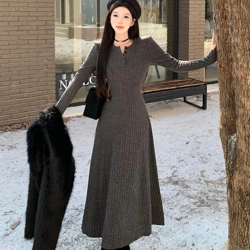 Elegant Slim High Waist Knit Dresses for Women, Autumn Winter Long Sleeve Thick Warm Dress, Vintage Streetwear