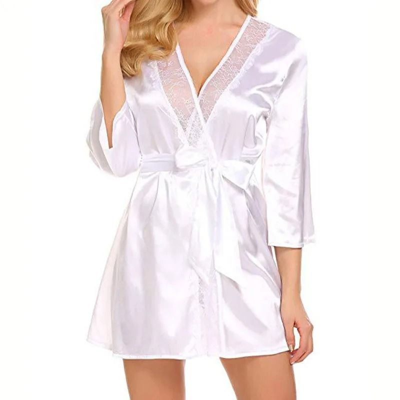Elegant Lace Satin Robe Sexy Nightgown Kimono Lingerie Sleepwear for Women