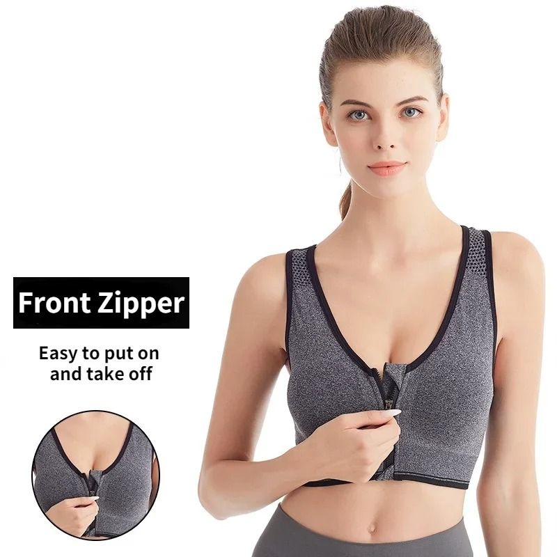 Womens Front Zipper Sports Bra Shockproof Fitness Bralette