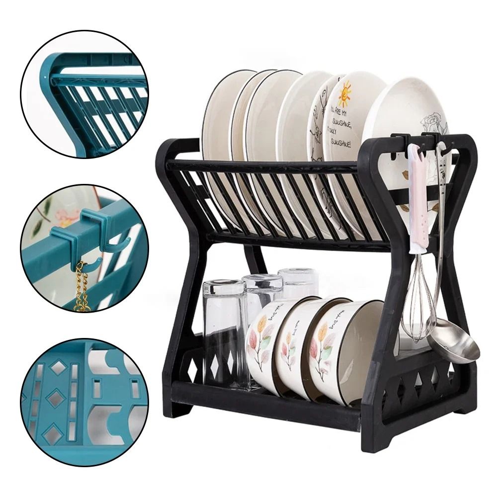 Double Layer Kitchen Dish Rack with Drain Tray and Bowl Organizer