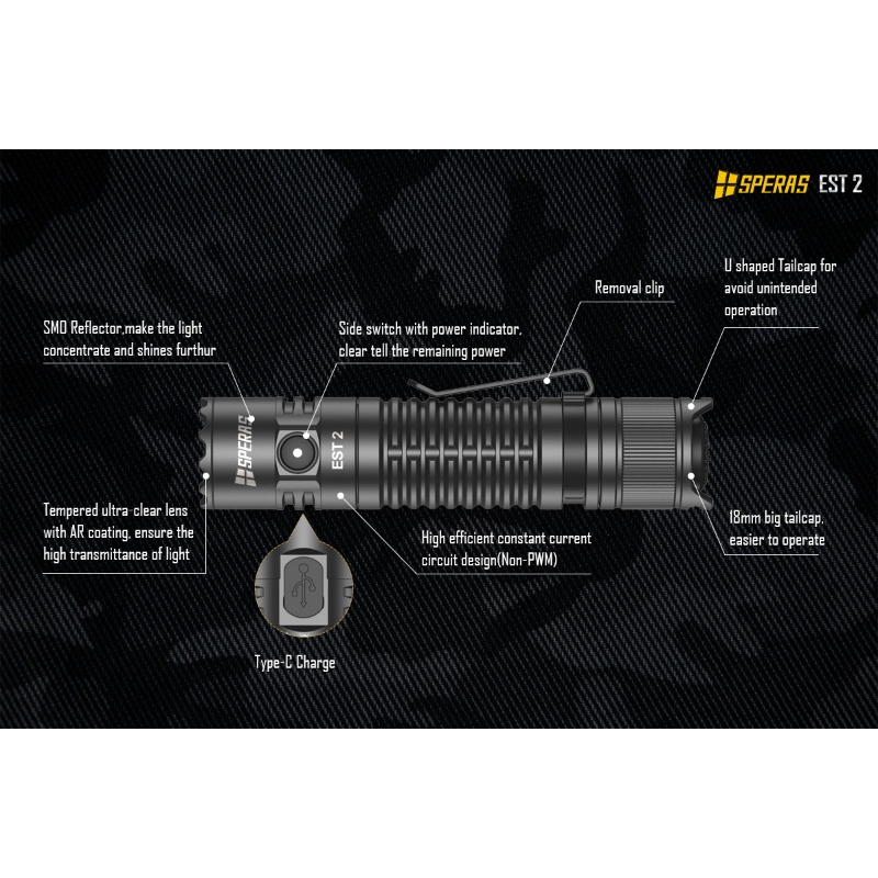 SPERAS EST2 SST LED Rechargeable Flashlight  Type C, , Ultra Powerful Torch for Camping, EDC Use