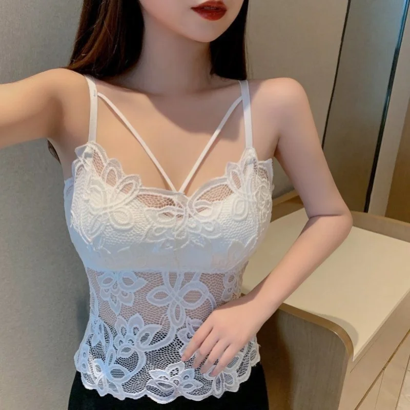Womens Lace Camisole with Built-In Bra, Sexy Padded Tank Top in Black & White, Large Size Crop Top