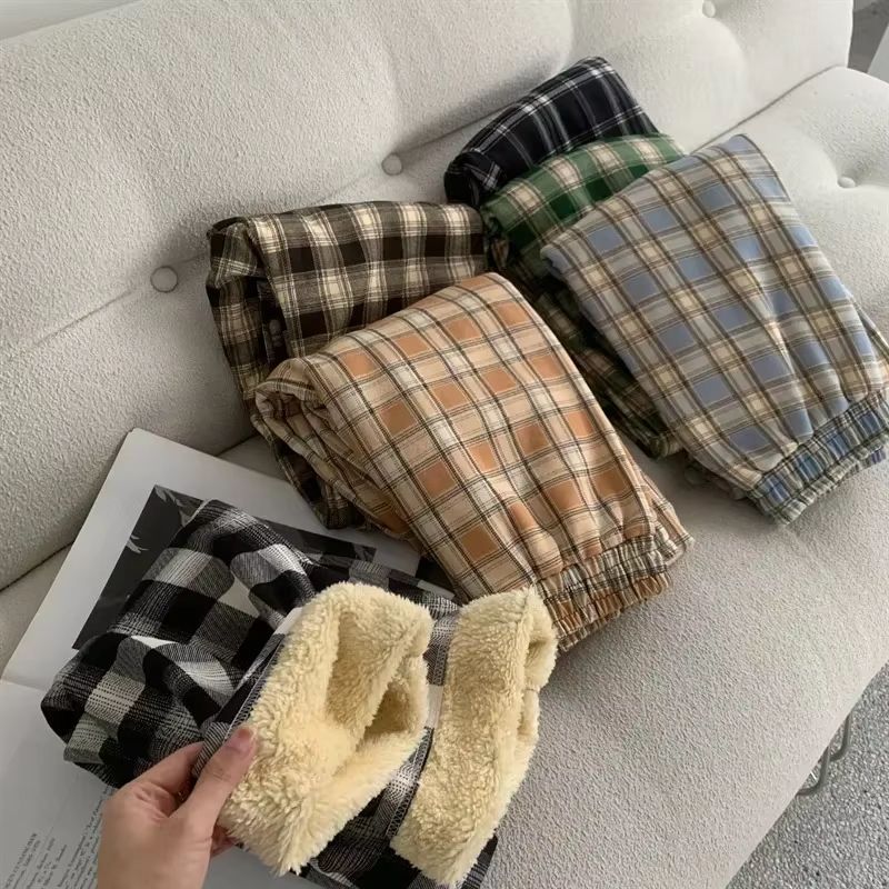 Women's Plush Wide Leg Plaid Pants Warm Cashmere Style Loose Winter Trousers