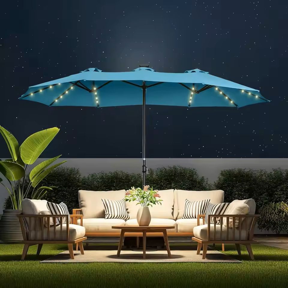 Extra Large Double Sided Patio Umbrella with Solar Lights and Base