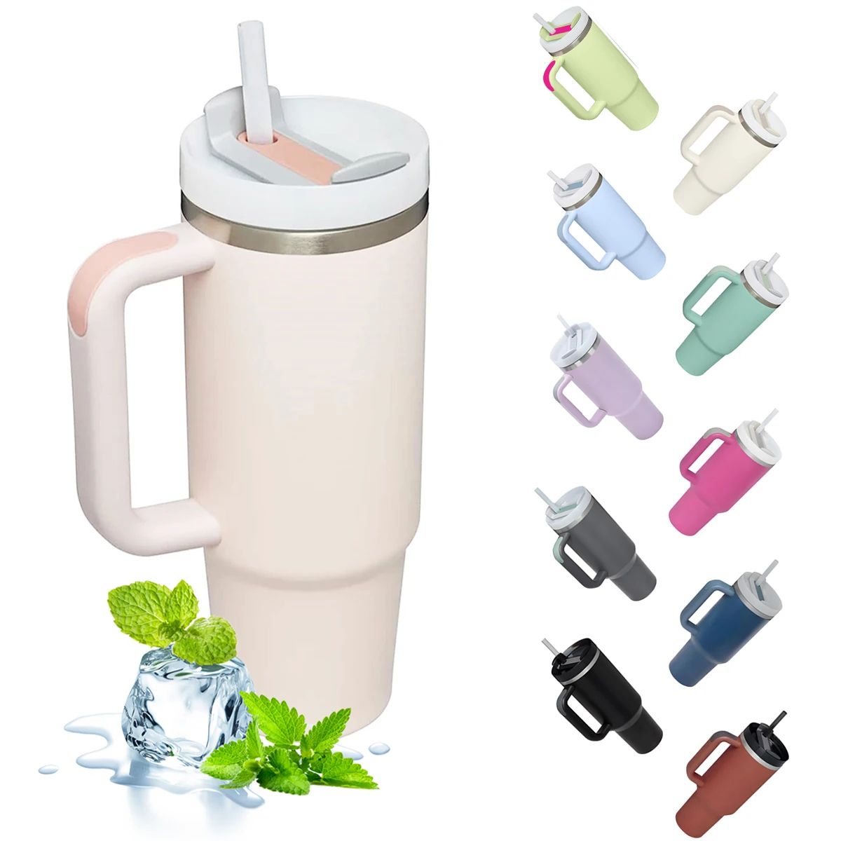 Stainless Steel Insulated Tumbler with Handle & Straw – 40 fl oz Vacuum Travel Mug for Hot & Cold Drinks