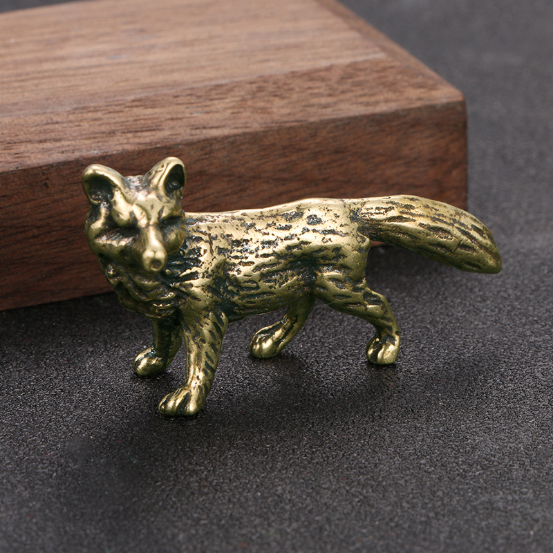 Mini Brass Fox Statue Vintage Desk Decor Animal Figurine Gift