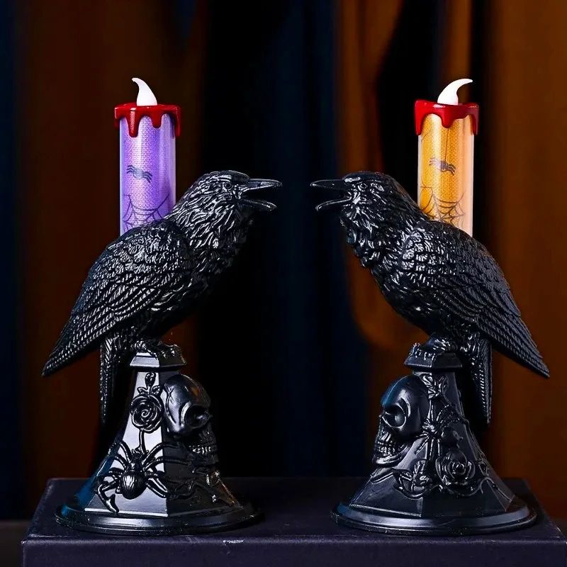 Glowing Black Crow Candlestick – LED Candle Halloween Gothic Table Decor