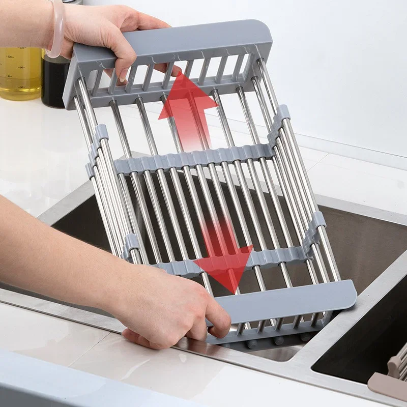 Stainless Steel Kitchen Sink Drain Rack, Extendable Dish Drying Rack, Fruit Vegetable Washing Drainer
