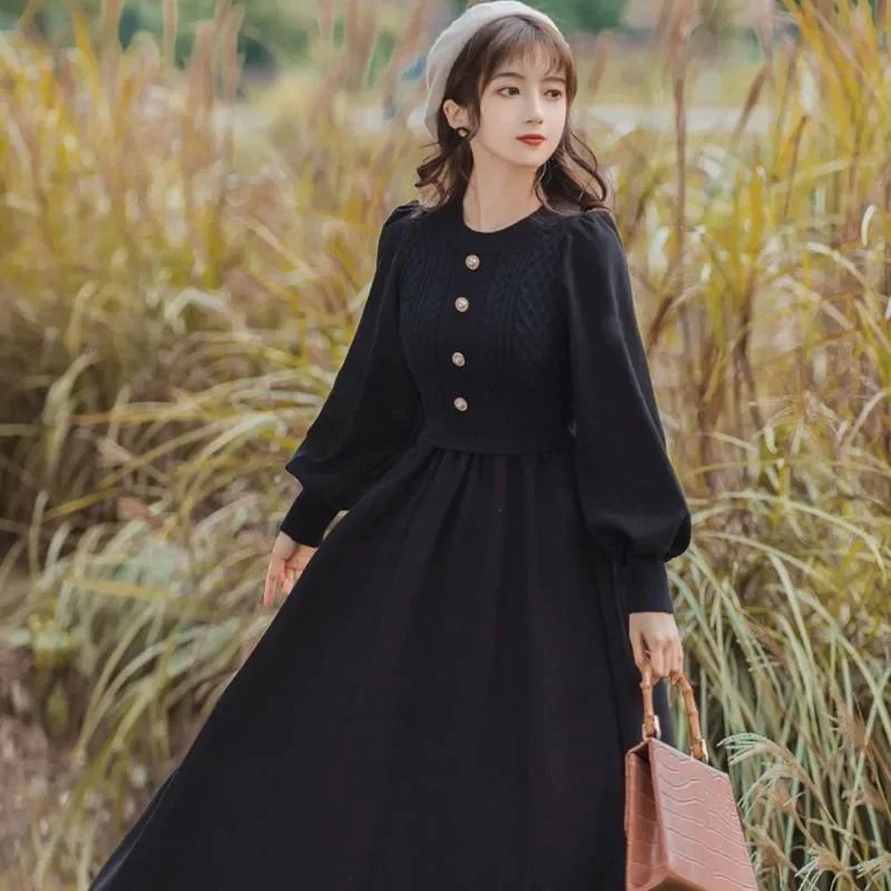 Casual O-Neck Lantern Sleeve Fake Two Piece Knitted Dress Autumn Winter Ladies Long Sweater Dress