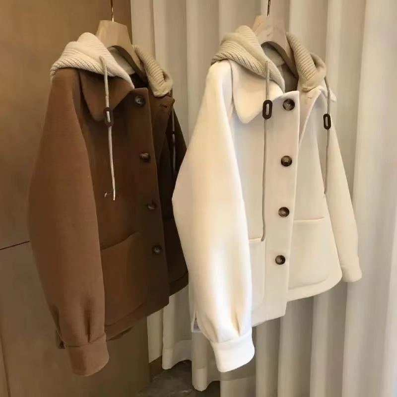Plus Size Patchwork Hooded Coat Fake Two Piece Women's Winter Jacket Loose Elegant Outerwear