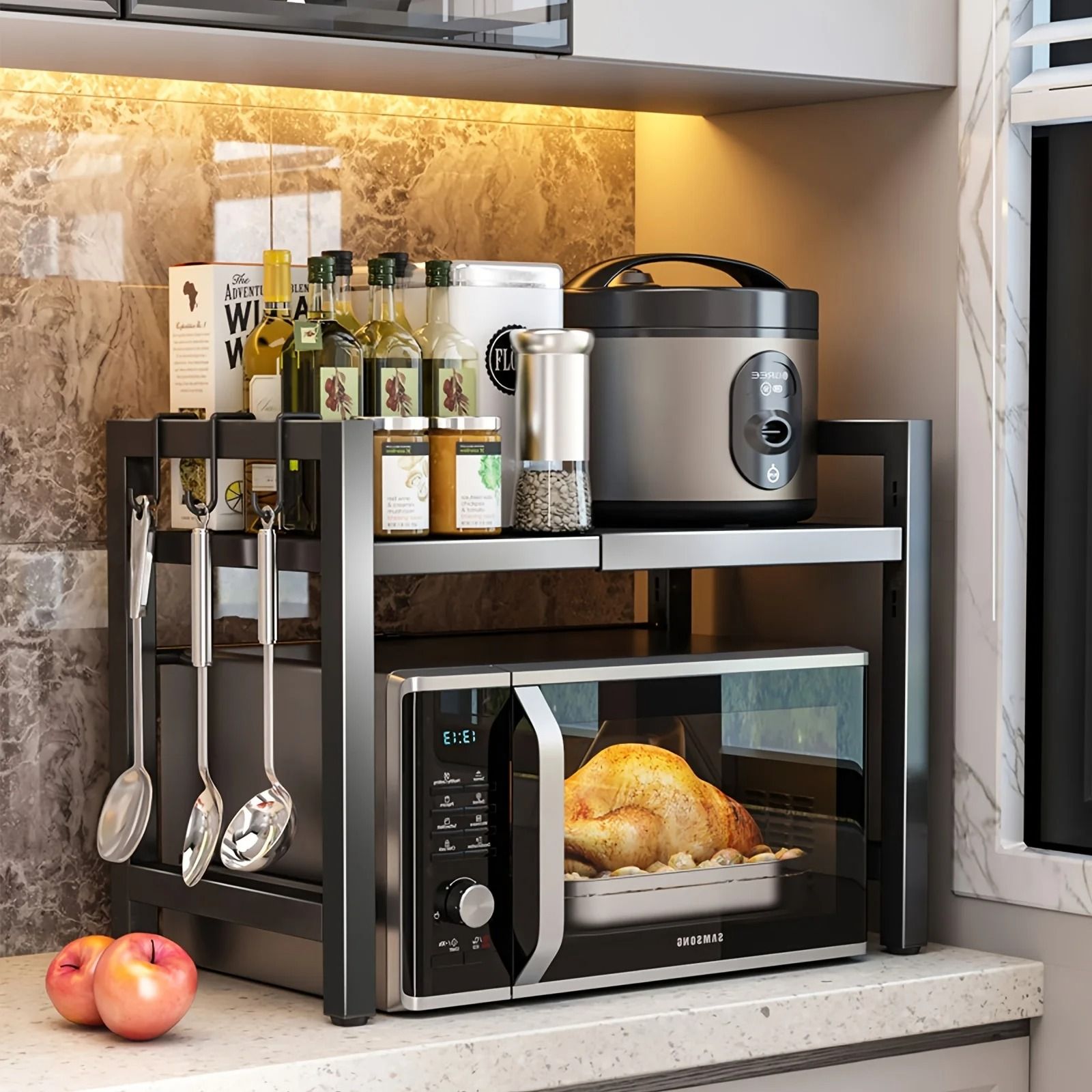 Expandable Microwave Shelf Rack Adjustable Kitchen Storage Organizer with Hooks