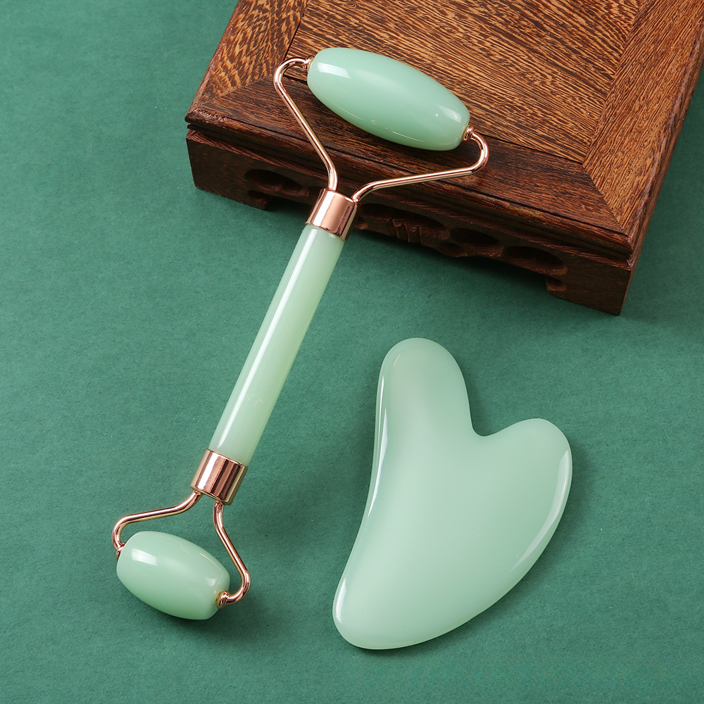 Pink Natural Resin Jade Roller Gua Sha Scraper Set, Face Lift Massager, Anti-Wrinkle & Double Chin Remover Beauty Skin
