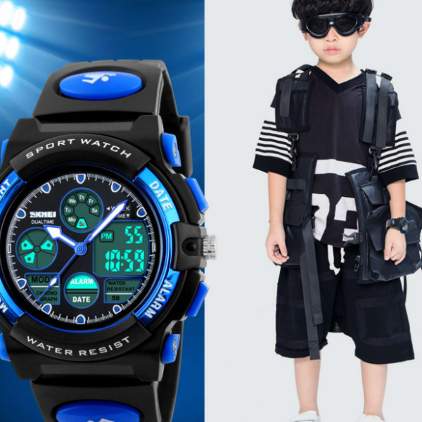 Dual Time Display Sports Kids Watch Waterproof Chrono Alarm Wristwatch for Boys and Girls