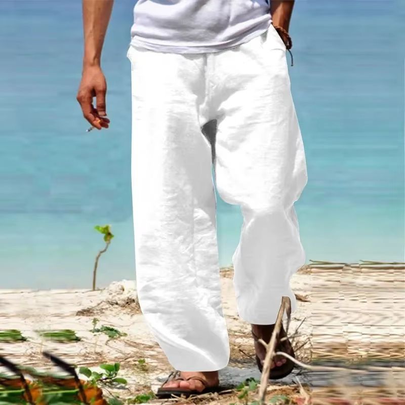 Breathable mens beach pants in Cotton-Linen - Loose Straight Summer Trousers