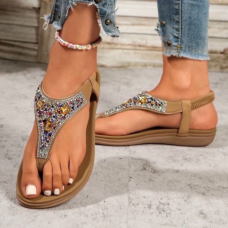 Fashion Rhinestone Bohemian Clip Toe Flats Elastic Band Sandals