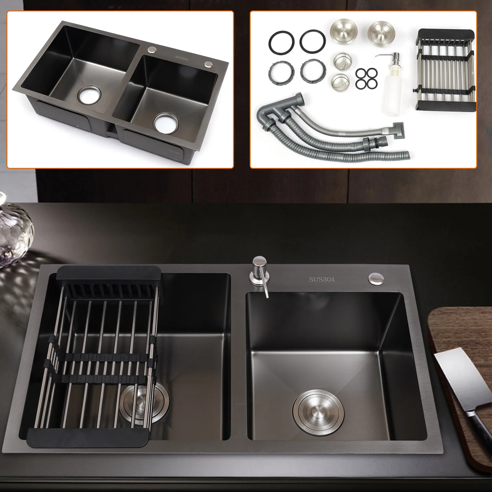 Kitchen Sink Double Bowl, Stainless Steel Inset Basket W/Drainer and Soap Dispenser