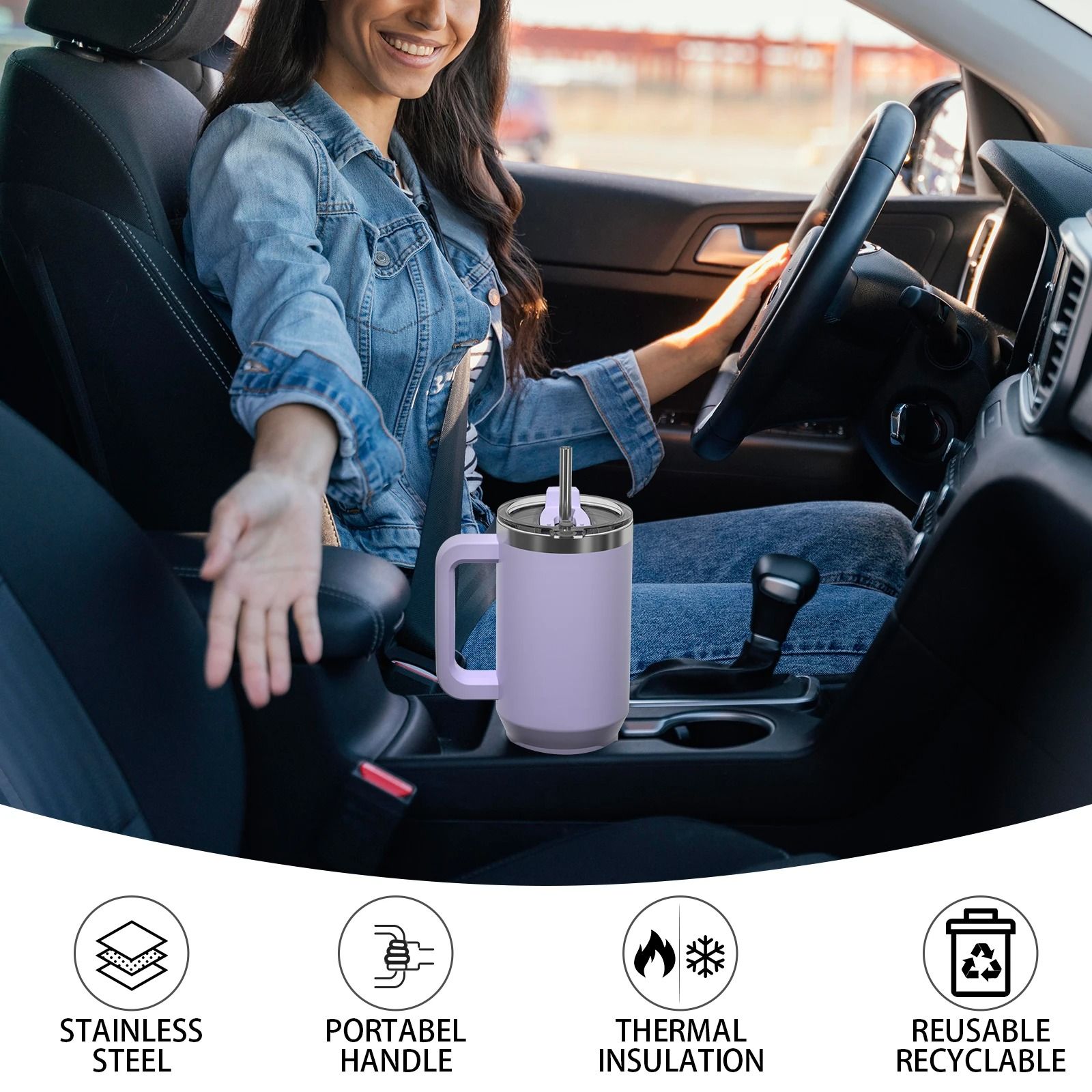 Insulated Stainless Steel Tumbler with Handle and Straw, Large Capacity