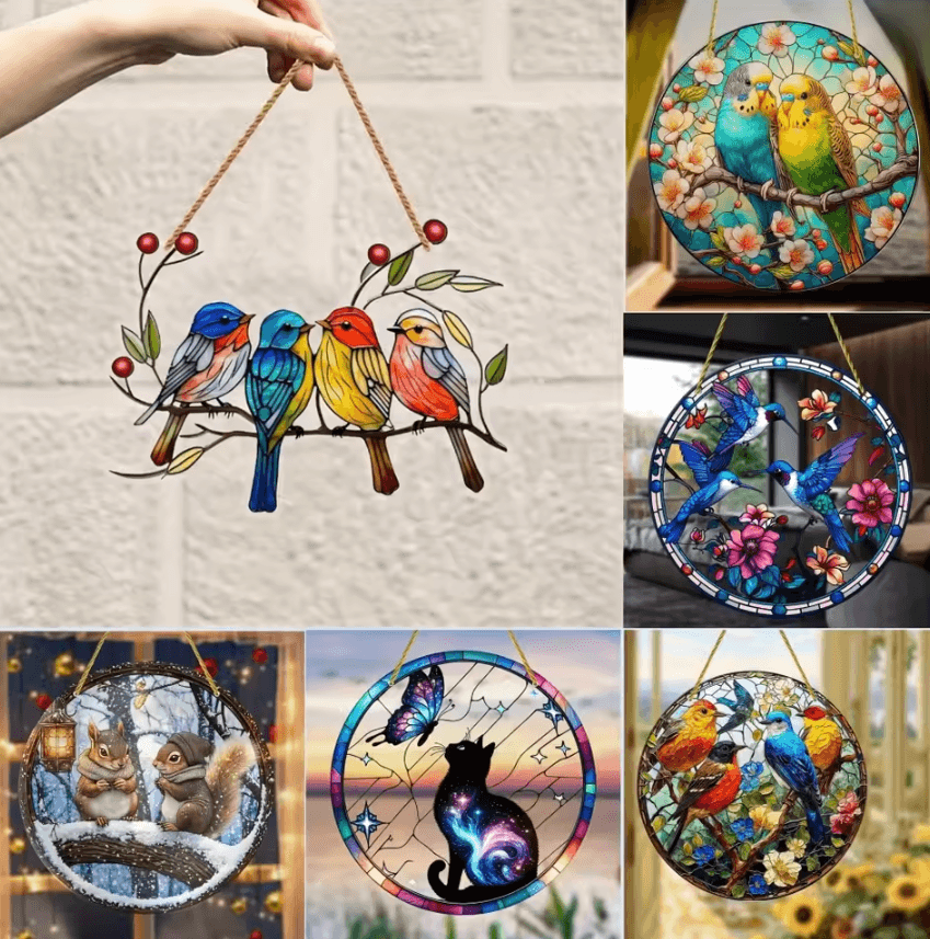 2D Acrylic Bird Window Hanging Ornament – Colorful Bird & Flower Suncatcher Decor