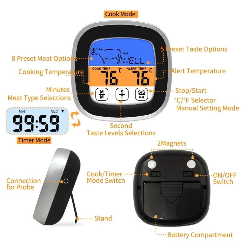 SmartTouch Digital Meat Thermometer with Precision Probe & Cooking Timer