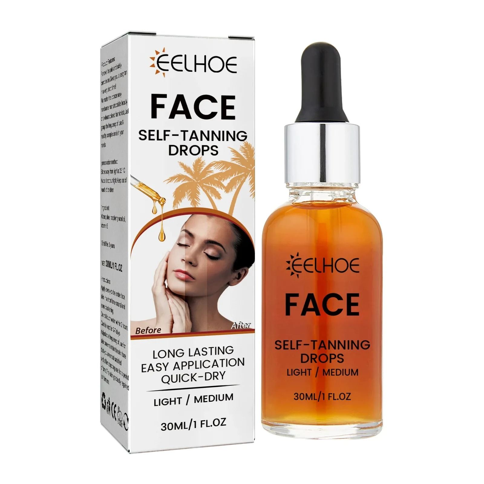 EELHOE Self Tanning Drops Sunless Skin Tanning Oil Liquid Dark Tanner Water Serum for Face and Body