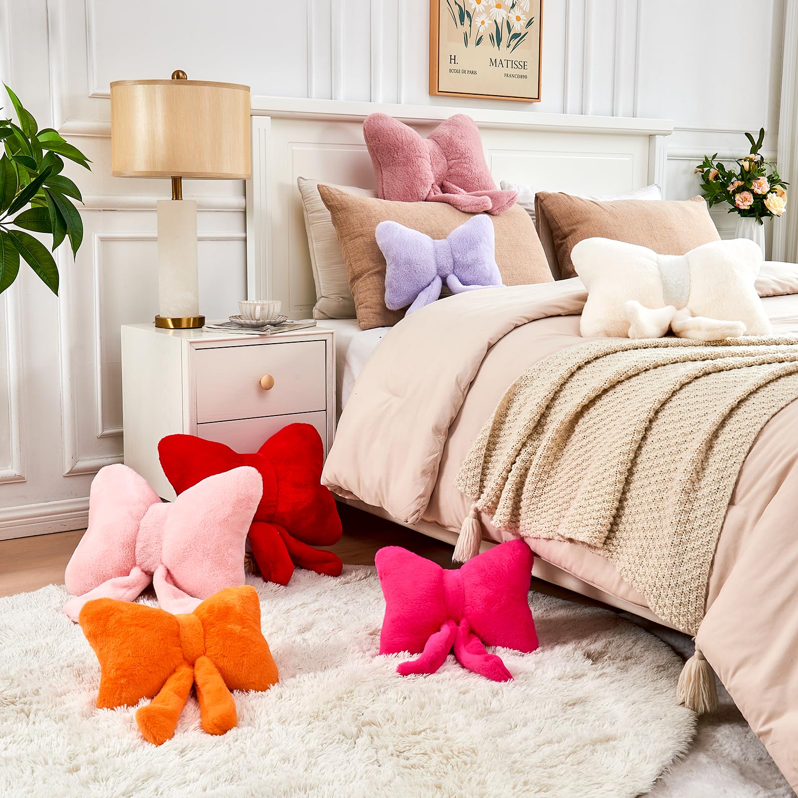 Cute Dusty Pink Bow Throw Pillows Soft Faux Rabbit Fur Aesthetic Home Decor Decorative Bow Pillow