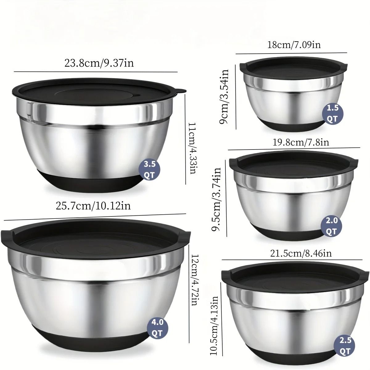 8 Piece Stainless Steel Mixing Bowls with Airtight Lids – Non Slip Base Stackable Nesting Design Dishwasher Safe