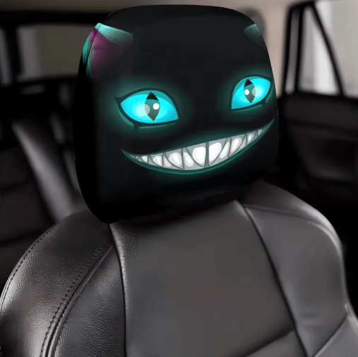 Smiling Cat Car Seat Headrest Pillow Covers – 2pcs Black with Glowing Blue Eyes