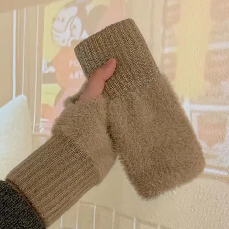 Warm Plush Half Finger Gloves for Women Soft Winter Wrist Mittens