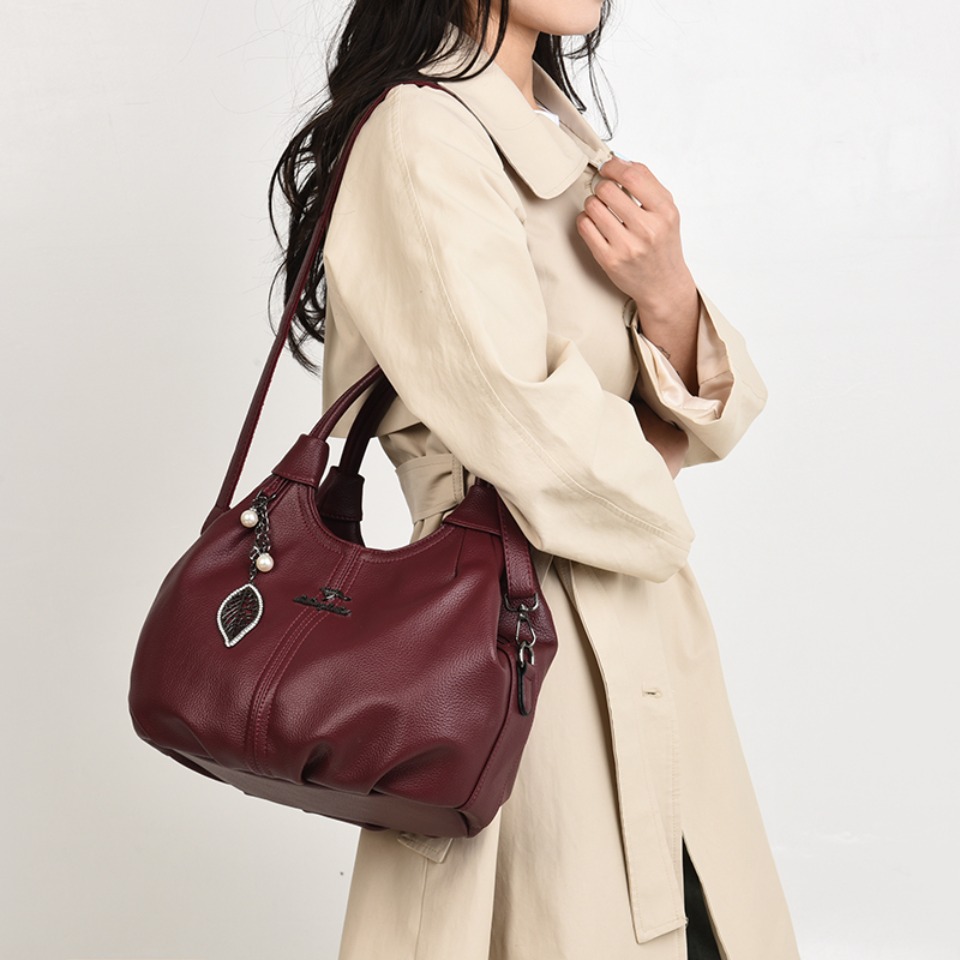 Soft Lychee Leather Hobo Handbag, Stylish 3-Layer Shoulder & Crossbody Tote Bag with Pearl Leaf Pendant for Women