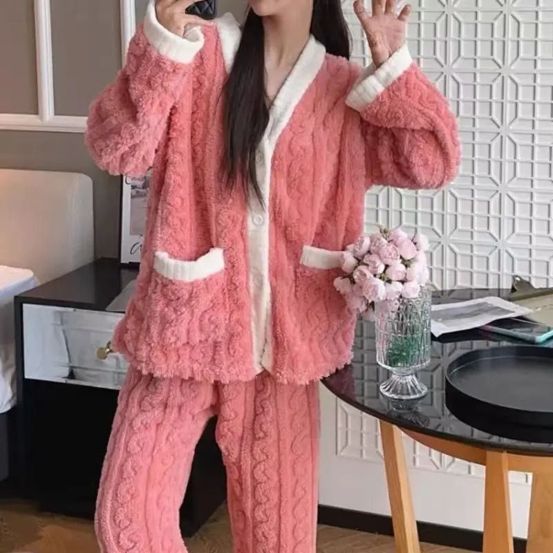 Womens Winter Pajama Set Long Sleeve Top And Elastic Waist Pants