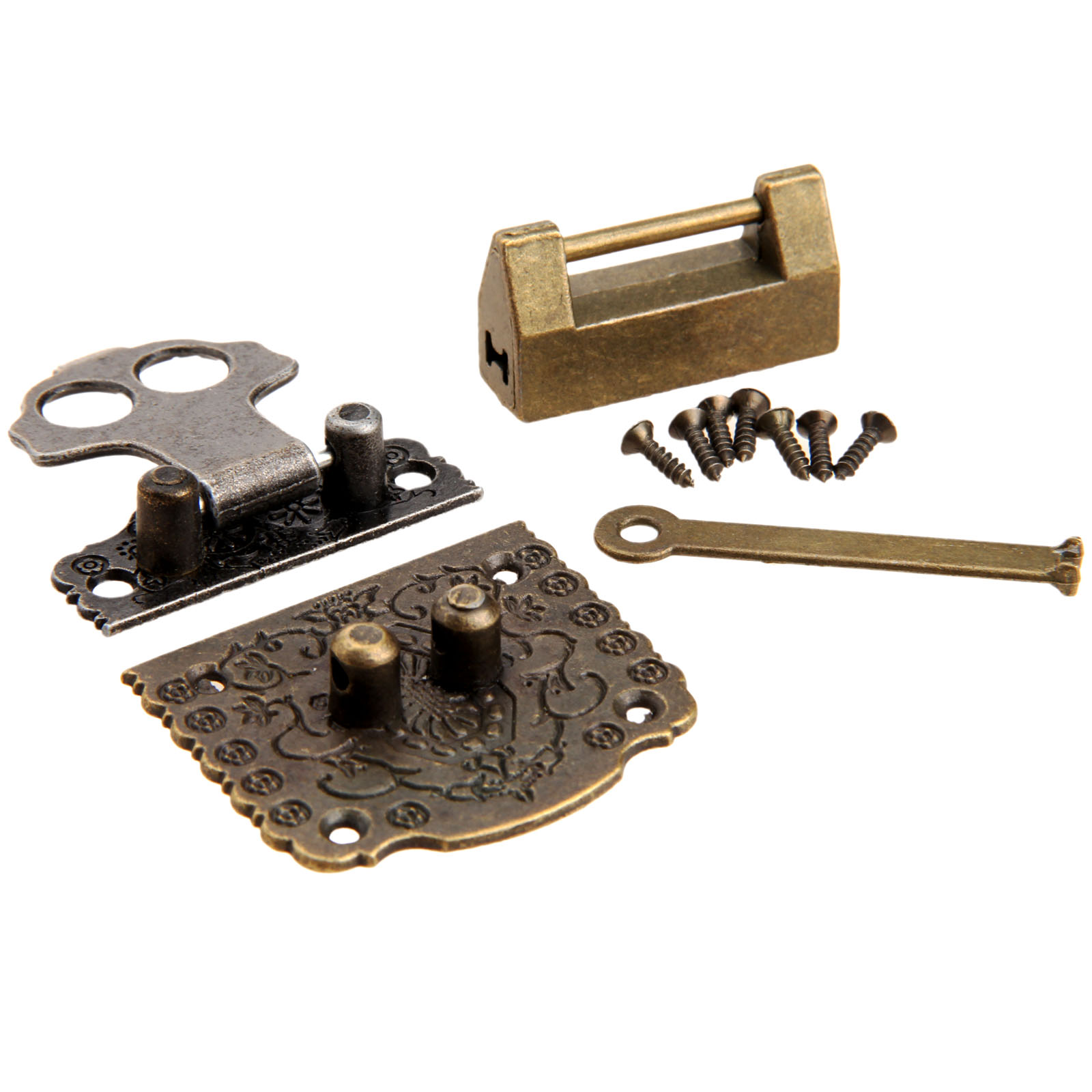 Vintage Chinese Brass Lock Latch Set for Wooden Boxes and Cabinets